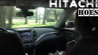 behind the scenes, rina arems masturbates with hitachi wand in a car.