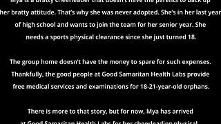 Hey, wanna see Mya, the bratty orphan cheerleader, get a physical backstage? How does Dr. Tampa handle her hairless pussy?