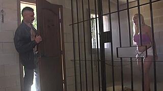 a biker unchains the blonde and fucks her hard in bdsm bondage