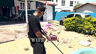 Watch This Blonde Milf Fuck The Pool Cleaner Outdoors!