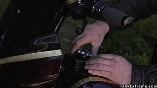 a biker unchains the blonde and fucks her hard in bdsm bondage