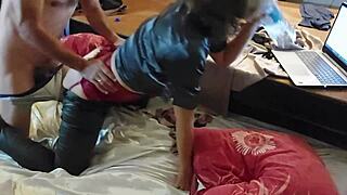 french amateur doggystyle fuck in satin lingerie, clothed sex blowjob rimjob