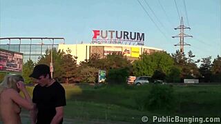 Hot blondie nailed outdoors by two eager guys in public