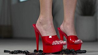 4k hot footfetish crushing fruits with bare feet and high heels