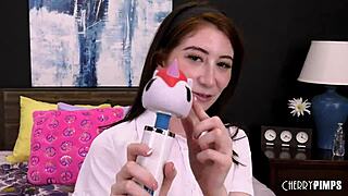 Small-tits Ava Davis rides David Lee's big cock hard. Brace-faced cutie loves it!