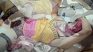 A clothed french slut in brown yellow black satin dress lingerie corset gets fucked doggystyle with blowjob pussy licking pov dirty talk rimming