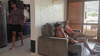 Husband In Kitchen While Wife Gets Rough With Friend!