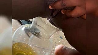 Salty rain falls on the shaved pussy of a milf wife