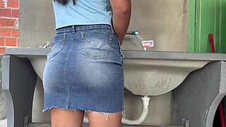 In a skirt, with big butt and tight ass, my wife craves fucking while washing clothes