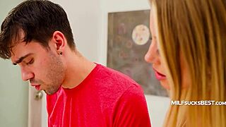 Milf gives stepson sloppy blowjob for stress relief.