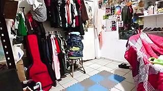 Chubby BBW organizes room. 😊