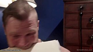 busty femdom dominates chastity slave with choking, pegging, and deepthroat pain