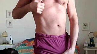 Pervy guy rubs his bulge in shorts and thong.