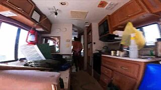 Milf spreads in thong leotard and pantyhose during RV camping adventure 😏