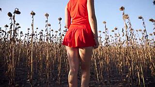 Hot milf teases thong ass in short skirt outdoors