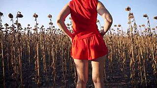 Hot milf teases thong ass in short skirt outdoors