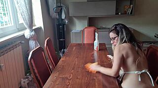 cleaned neighbor's table, took off panties