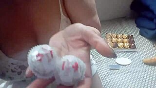 Ginger Paris Sexy Masturbation With Chocolates In Lingerie, Showing Off Big Tits And Latina Curves.