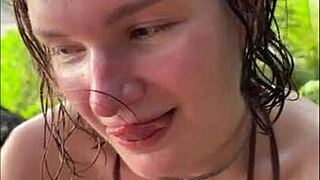 horny teen in bikini gives oily titjob and suck my dick on public beach