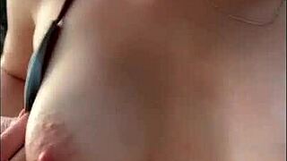 horny teen in bikini gives oily titjob and suck my dick on public beach