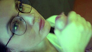 Naughty woman gives sloppy blowjob, licking balls and choking for cumshot