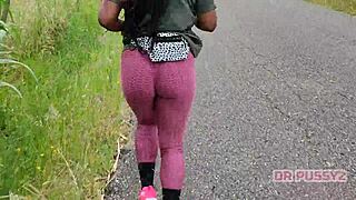 Ebony With Big Ass In Leggings Runs Alone In Forest