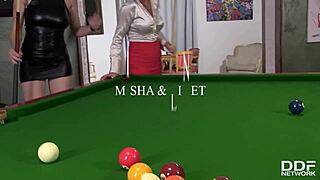 European billiard babes Misha and Linet lick pussies and insert cue sticks into assholes