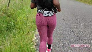 Ebony With Big Ass In Leggings Runs Alone In Forest
