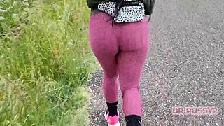 Ebony With Big Ass In Leggings Runs Alone In Forest