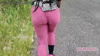 Ebony With Big Ass In Leggings Runs Alone In Forest