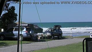 Kiwi trashy milf walks in see-through clothes at beach before creampie fucking.