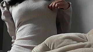 Cute busty girl practices riding to please her man in bedroom