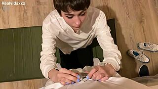 Skinny girl intensely licks balls before facial