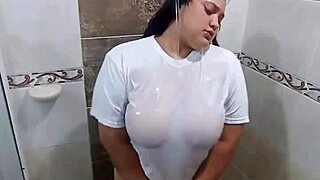 Submissive Play with Stepbrother's Shirt in Wet Bathroom