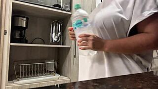 Juicy Masturbation in Hotel Kitchen with Big Natural Tits on Display