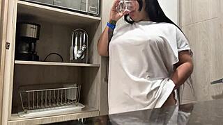Juicy Masturbation in Hotel Kitchen with Big Natural Tits on Display