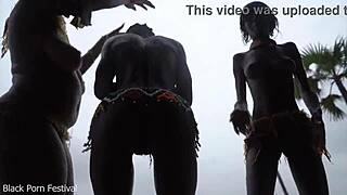 Three skinny ebony African witches with small waists and big natural tits perform a dancing ritual. Aiming to make rain.
