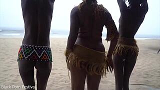 Three skinny ebony African witches with small waists and big natural tits perform a dancing ritual. Aiming to make rain.