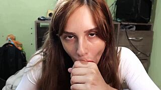 cute latina babe gives daddy a sloppy blowjob and swallows cum