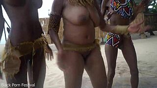 Three skinny ebony African witches with small waists and big natural tits perform a dancing ritual. Aiming to make rain.