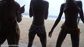 Three skinny ebony African witches with small waists and big natural tits perform a dancing ritual. Aiming to make rain.