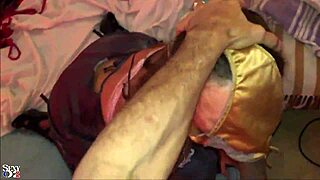 French amateur in satin lingerie gives blowjob and rimjob