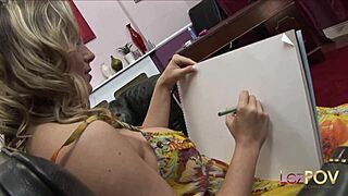 Small tits ebony lesbian feels excited getting hired for drawing job, passionately licking and fingering blonde's pussy