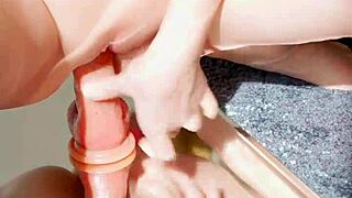 She pounds dildo on mirror for multiple orgasms.