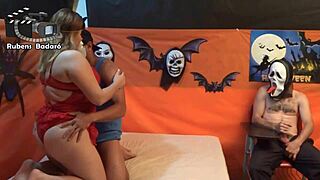 A chubby milf at halloween has sex with mr rola and gauchito.