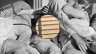 Vintage retro milf with hairy beaver gives blowjob in antique setting