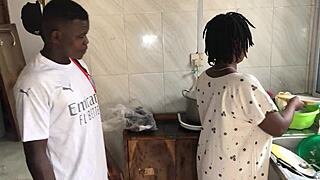 Freestyle sex with sexy ebony maid in kitchen.