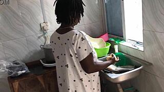 Freestyle sex with sexy ebony maid in kitchen.