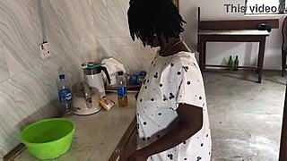 Freestyle sex with sexy ebony maid in kitchen.