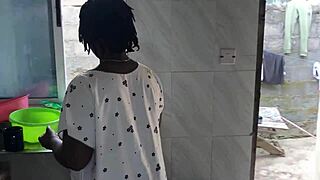 Freestyle sex with sexy ebony maid in kitchen.